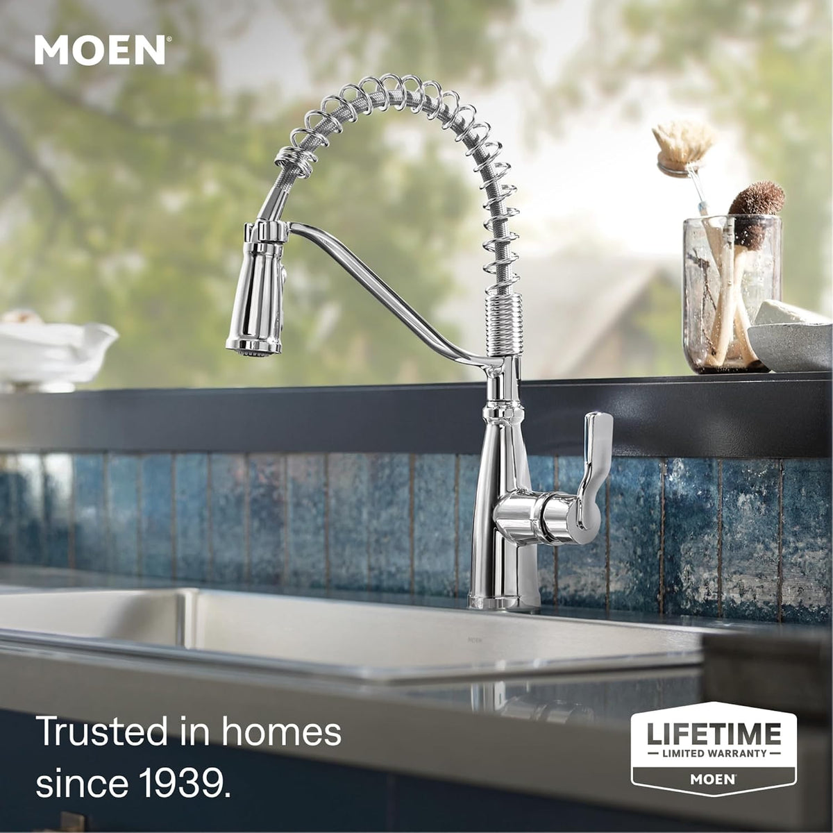 Moen Nolia Chrome One-Handle Pre-Rinse Spring Kitchen Faucet with Pull Down Sprayer, Single Hole Kitchen Sink Faucet with Soap Dispenser, 87886