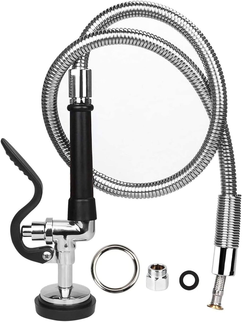 Pre-Rinse Hose with Spray Valve 44 Inch Flexible Stainless Hose with Sprayer Nozzle Head Replacement Kit for Commercial Kitchen Sink Faucet(Free Brass Adapter to Connect Add-on Swivel Spout)