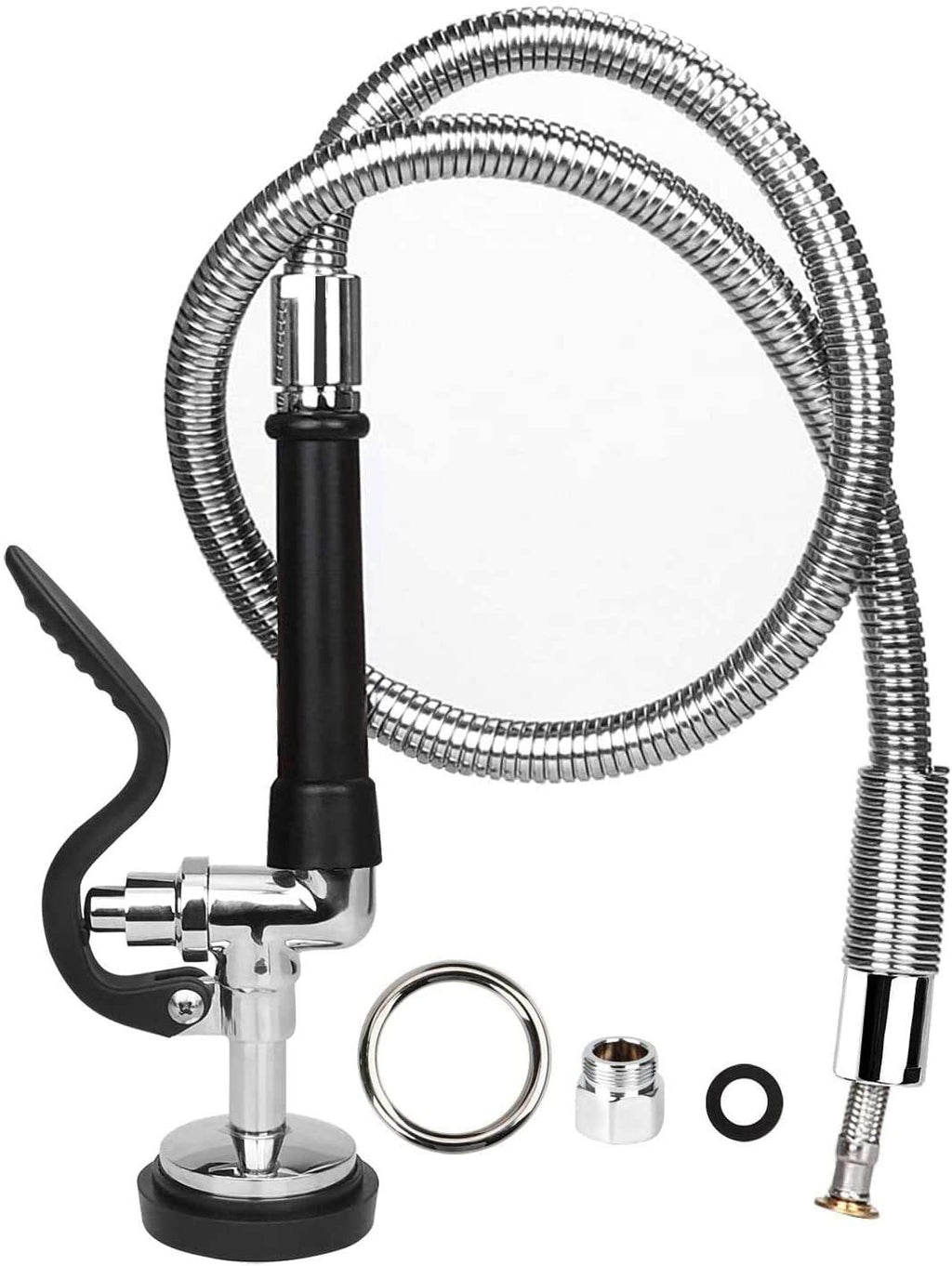 Pre-Rinse Hose with Spray Valve 44 Inch Flexible Stainless Hose with Sprayer Nozzle Head Replacement Kit for Commercial Kitchen Sink Faucet(Free Brass Adapter to Connect Add-on Swivel Spout)