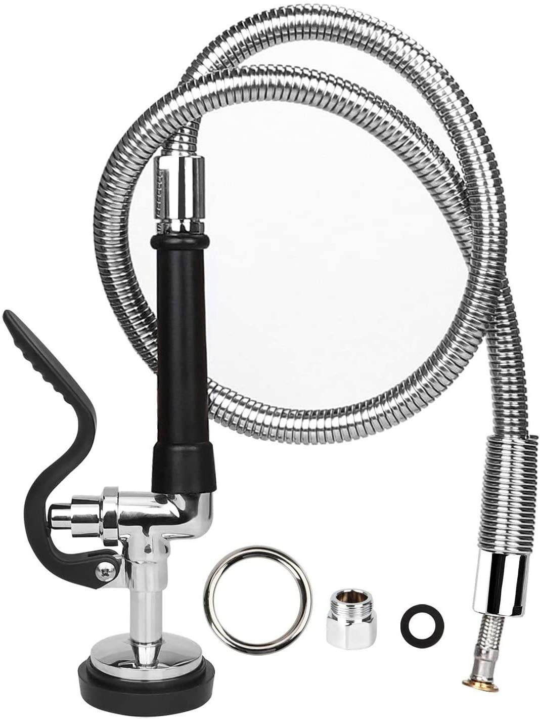 Pre-Rinse Hose with Spray Valve 44 Inch Flexible Stainless Hose with Sprayer Nozzle Head Replacement Kit for Commercial Kitchen Sink Faucet(Free Brass Adapter to Connect Add-on Swivel Spout)