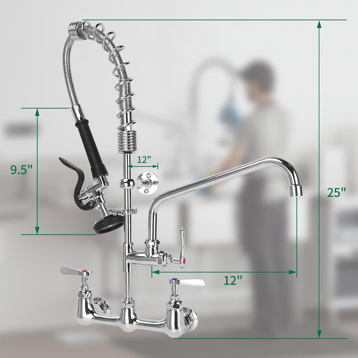 Commercial Kitchen Faucet Wall Mount with Pre Rinse Sprayer, 25" Height 8" Adjustable Center Wall Mount Restaurant Sink Faucet with 12" Swivel Add-on Spout and Pull Down Sprayer