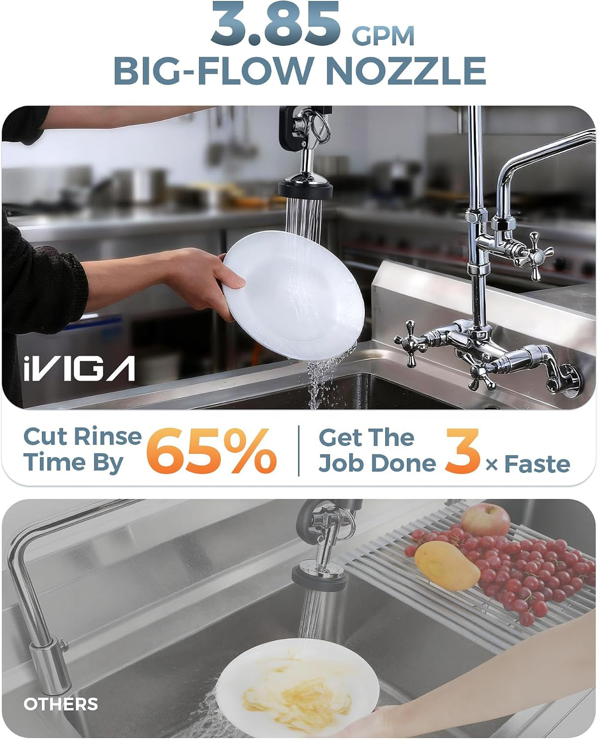 Commercial Sink Sprayer Head: 7/8"-20UNEF Black Pre Rinse Sprayer - 3.85 GPM High Pressure Pull Down Spray Head - Handheld Dish Sprayer Nozzle for Commercial Kitchen Faucet (Chrome Finished)