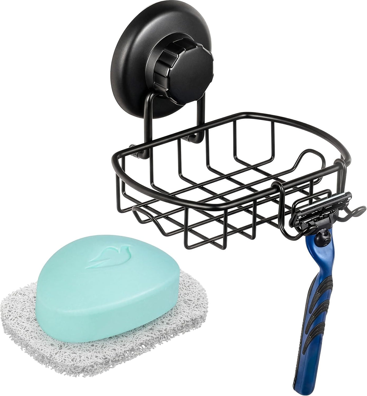 HASKO accessories Suction Soap Dish with Hooks - Super Powerful Vacuum Suction Cup Shower Soap Holder - Rustproof Stainless Steel SS304 Soap Basket - Sponge Holder for Bathroom & Kitchen (Black)
