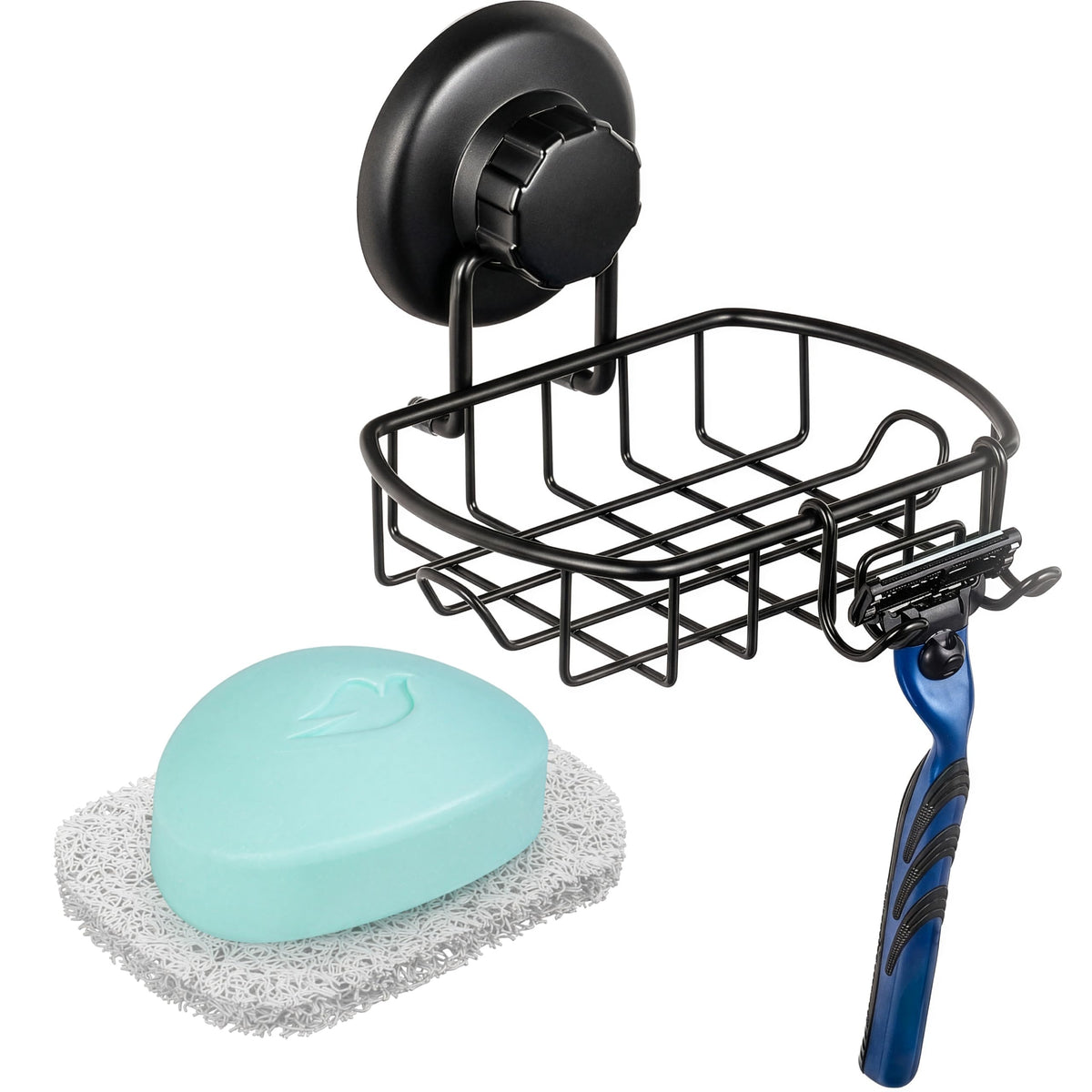 HASKO accessories Suction Soap Dish with Hooks - Super Powerful Vacuum Suction Cup Shower Soap Holder - Rustproof Stainless Steel SS304 Soap Basket - Sponge Holder for Bathroom & Kitchen (Black)