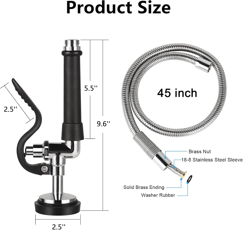 Pre Rinse Spray Valve with 45" Flexible Hose KANONEY Stainless Steel Hose 1.42 GPM Commercial Sink Sprayer Nozzle Head Replacement Kit for Dish Industrial Restaurant Kitchen Faucets, Black