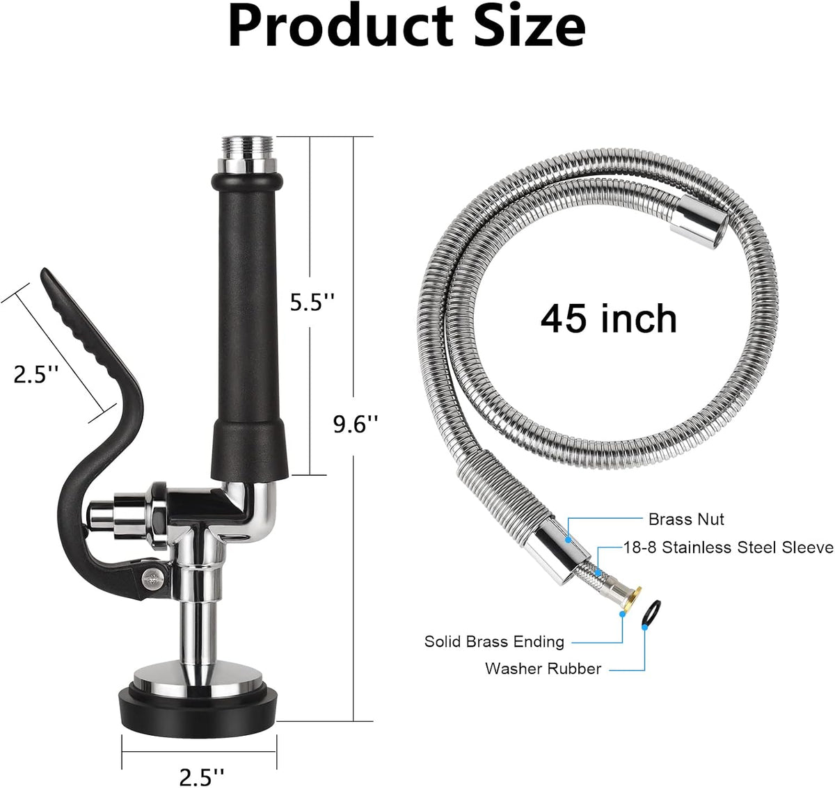 Pre Rinse Spray Valve with 45" Flexible Hose KANONEY Stainless Steel Hose 1.42 GPM Commercial Sink Sprayer Nozzle Head Replacement Kit for Dish Industrial Restaurant Kitchen Faucets, Black