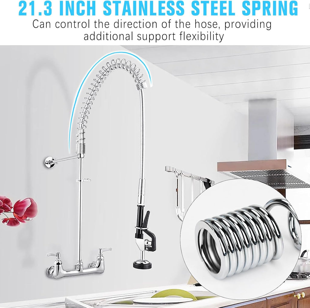 Spray Valve with 38" Flexible Stainless Steel Hose & Pre-Rinse Overhead Spring, Commercial Faucet Flexible Hose with Spray Head Replacement Kit for Commercial Restaurant Industrial Kitchen Sink Faucet