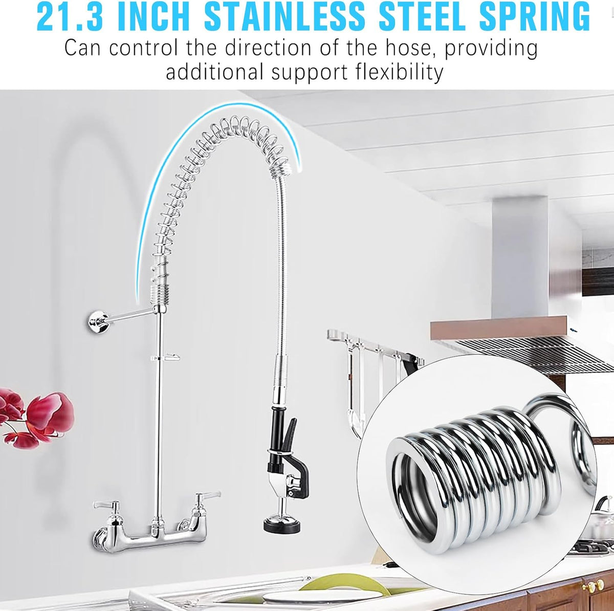 Spray Valve with 38" Flexible Stainless Steel Hose & Pre-Rinse Overhead Spring, Commercial Faucet Flexible Hose with Spray Head Replacement Kit for Commercial Restaurant Industrial Kitchen Sink Faucet