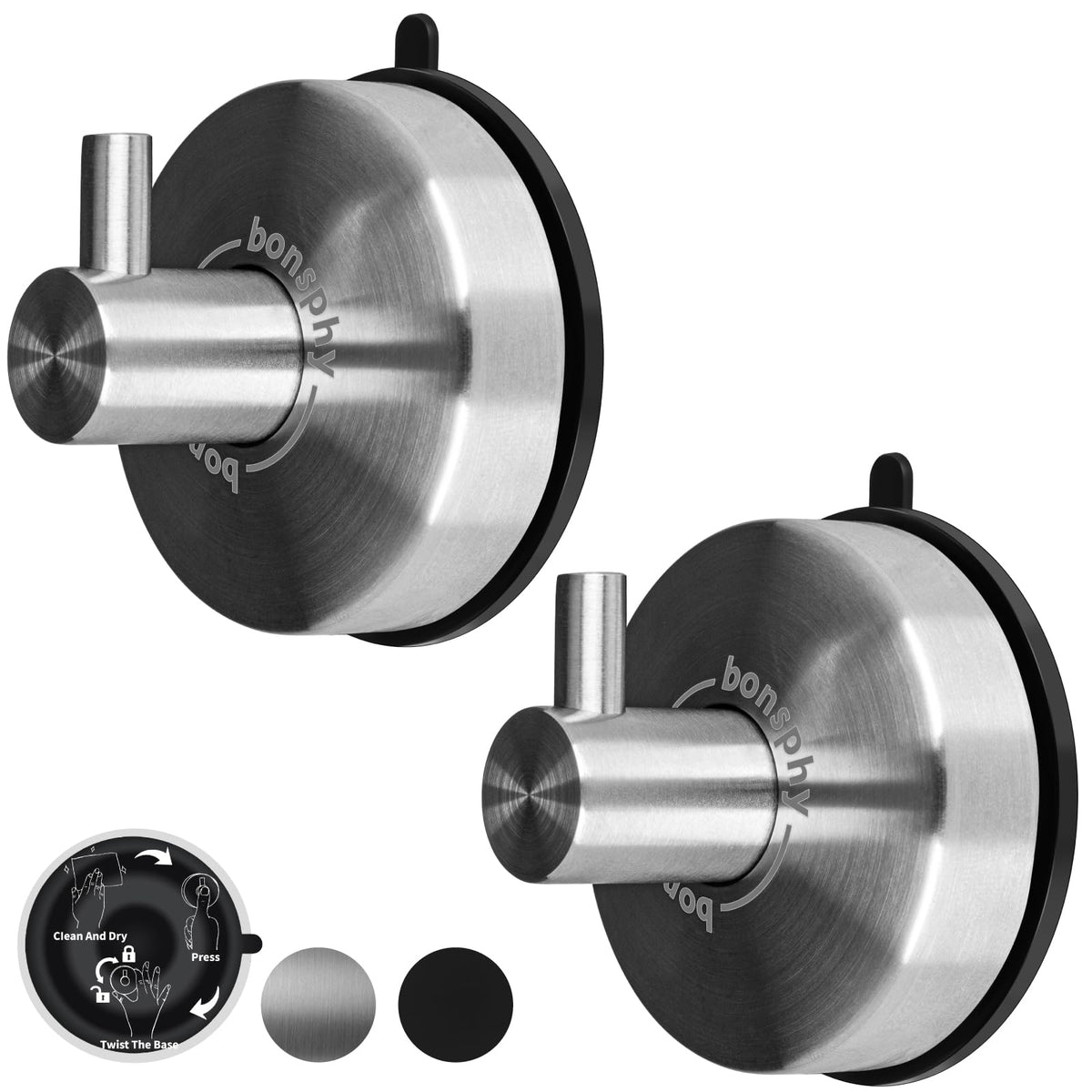 Suction Cup Shower Hooks for Bathroom, Matte Black, 2 Pack
