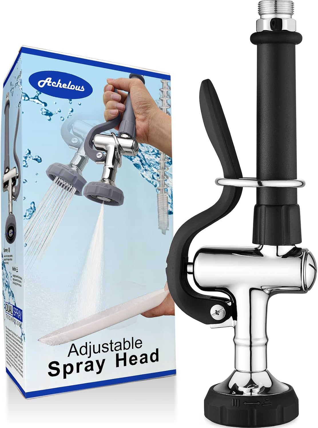 Achelous Pre Rinse Commercial Sink Faucet Sprayer, Adjustable Dual Spray Settings Valve Head with Jet and Mist Pattern for Restaurant Hotel Commercial Kitchen Faucet, Chrome Finished (Black)