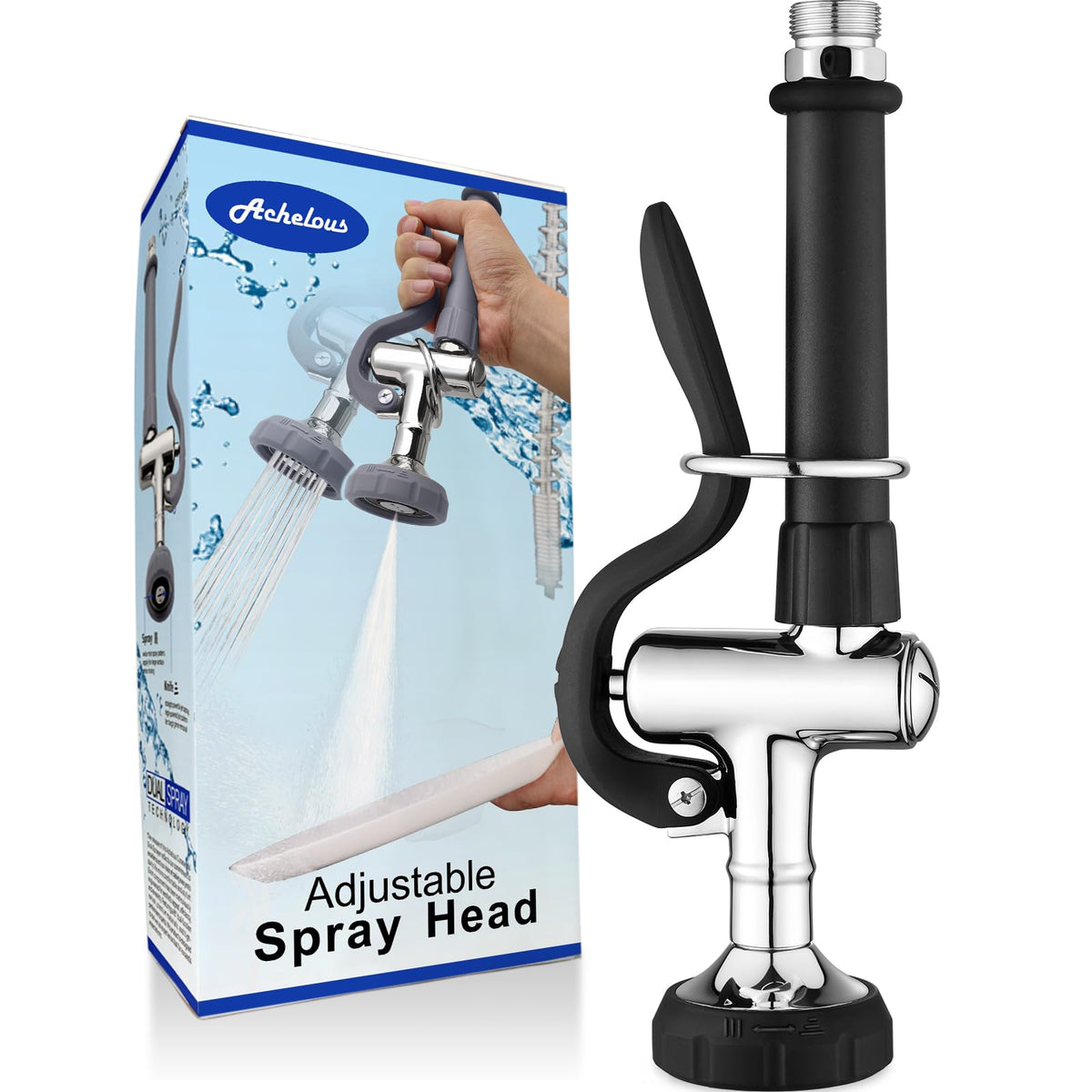 Achelous Pre Rinse Commercial Sink Faucet Sprayer, Adjustable Dual Spray Settings Valve Head with Jet and Mist Pattern for Restaurant Hotel Commercial Kitchen Faucet, Chrome Finished (Black)