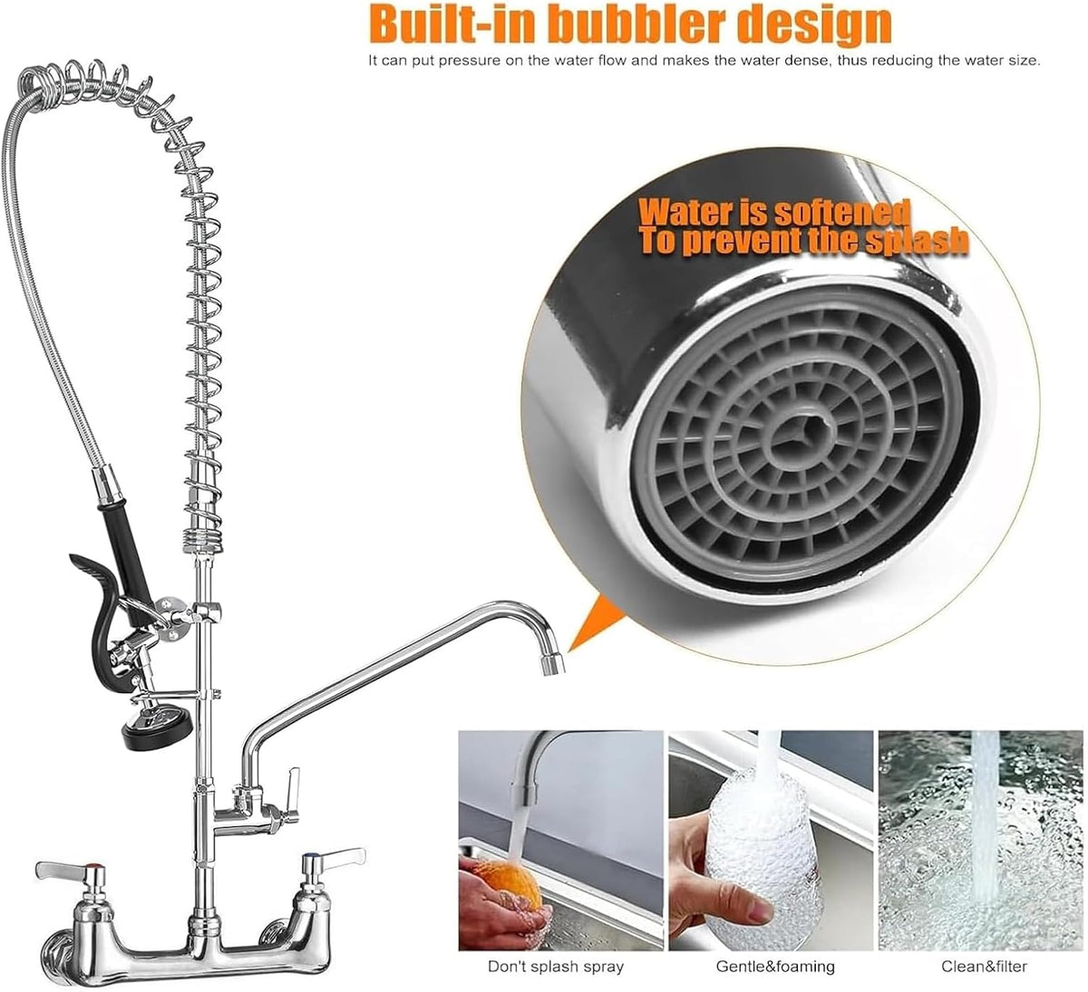 Commercial Sink Faucet with Sprayer for Kitchen: MSTJRY 42" Height 8" Center 14" Swing Spout Pre Rinse Assembly Wall Mount Commercial Faucet with Sprayer Fit for 3 Compartment Sink - Polished Chrome
