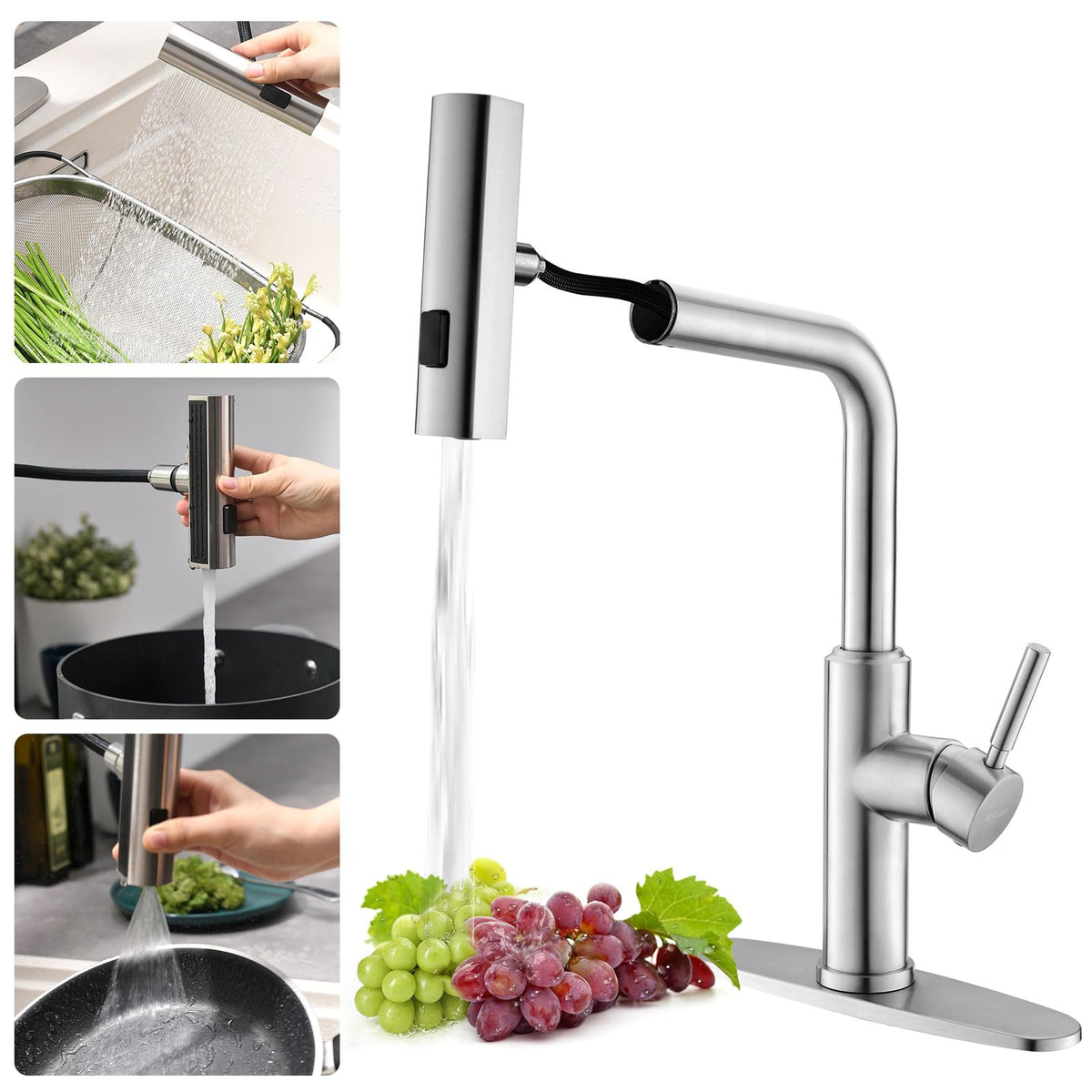 WEWE Pull-Down Kitchen Faucet with 3 Mode Sprayer, Polished Chrome