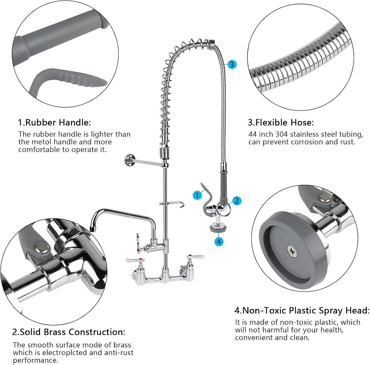 Commercial Sink Sprayer with 45" Flexible Stainless Steel Hose, Pre-Rinse Dish Spray Valve Replacement Kit Assembly Sprayer Nozzle Head for Industrial Restaurant Kitchen Faucets, Gray