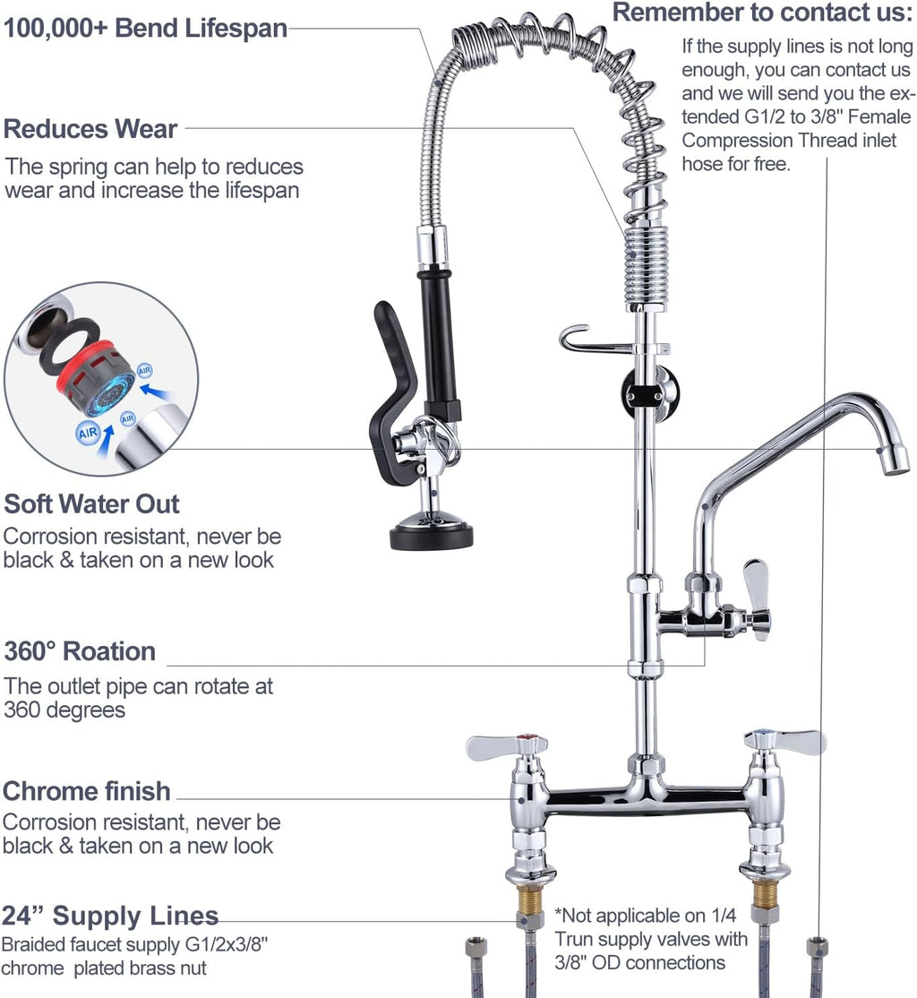 Commercial Kitchen Faucet Deck Mount with Pre-Rinse Sprayer 26" Height Kitchen Sink Faucet 8 Inch Center with 10" Add-on Swing Spout Faucet & Coiled Spring Pull Down Spray