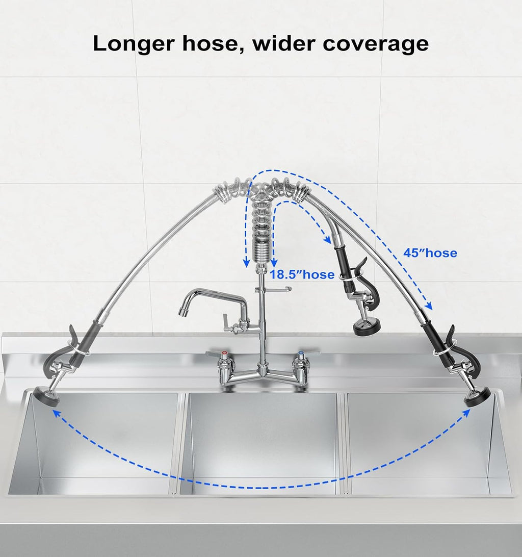 Pre Rinse Sprayer Commercial with 45” Stainless Steel Hose, 1.42 GPM Commercial Sink Sprayer, High-Pressure Dish Spray for Restaurant Use, Sink Spray Nozzle with Adapters (Black)