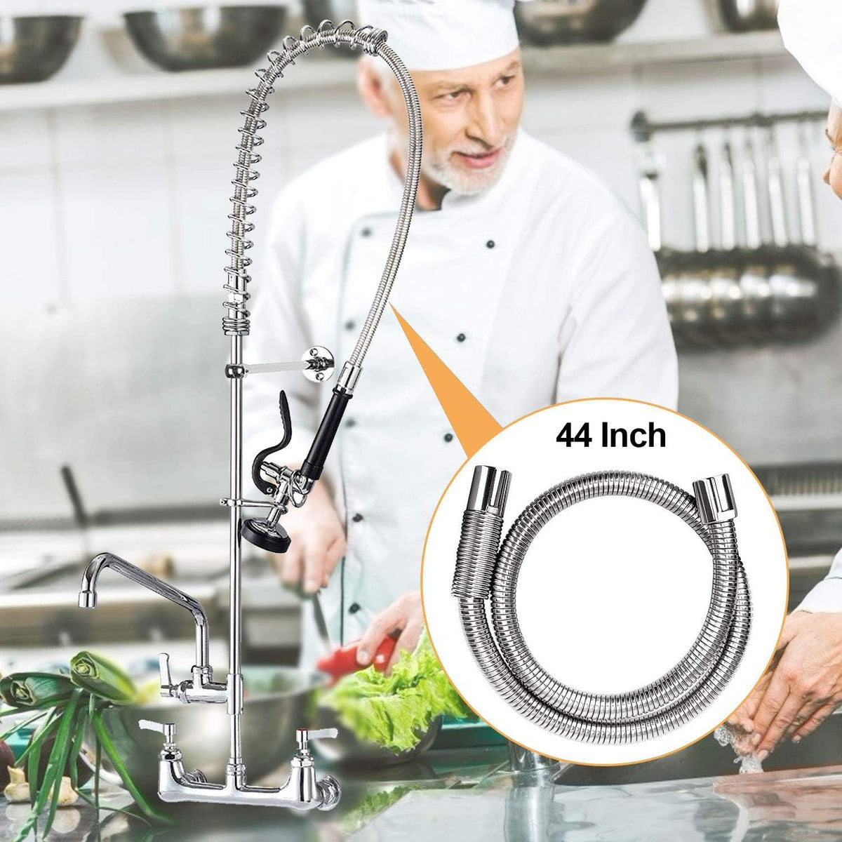 Pre-rinse Hose 44" Flexible Stainless Hose Replacement Kit For Commercial Kitchen Sink Faucet On Compartment Sinks with Spray Valve