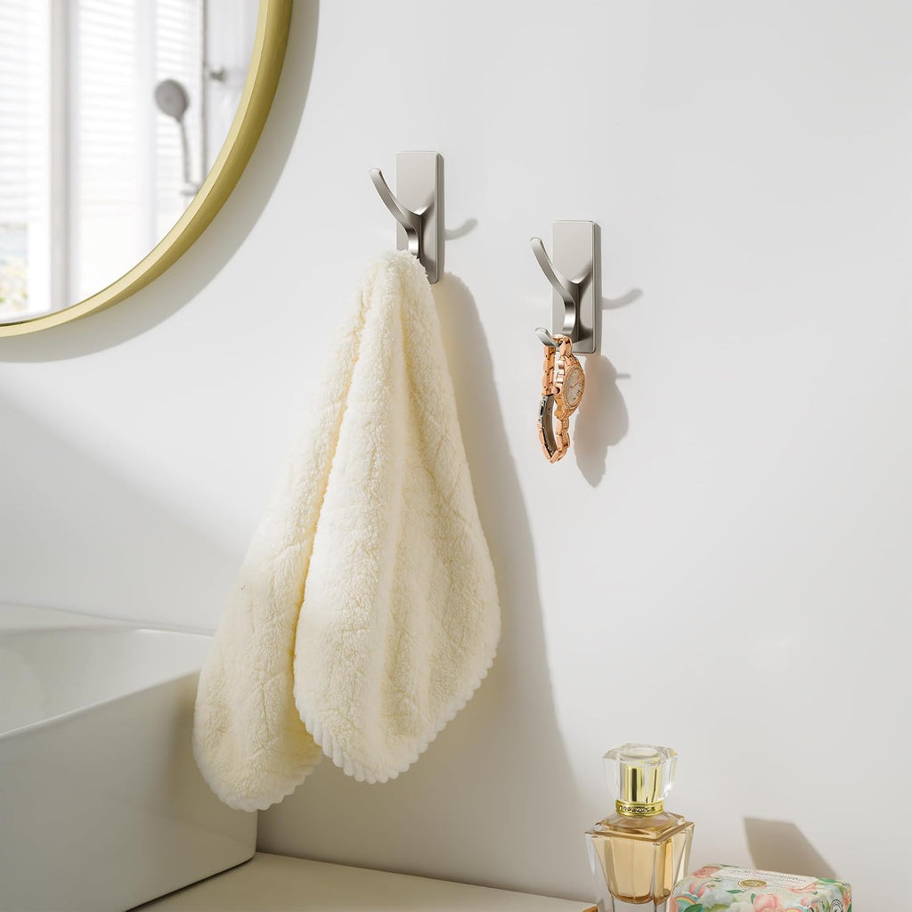 10 Pack Self Adhesive Towel Hooks: Extra Strong 13LB, Stainless Hook for Hanging Loofah, Towels, Coat, Bath Robe Bathroom Shower, Brushed Nickel