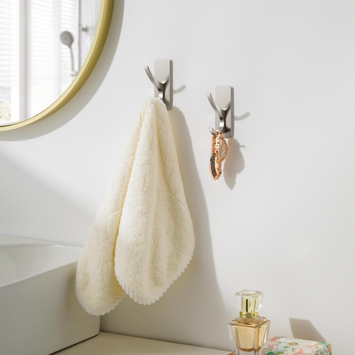 10 Pack Self Adhesive Towel Hooks: Extra Strong 13LB, Stainless Hook for Hanging Loofah, Towels, Coat, Bath Robe Bathroom Shower, Brushed Nickel
