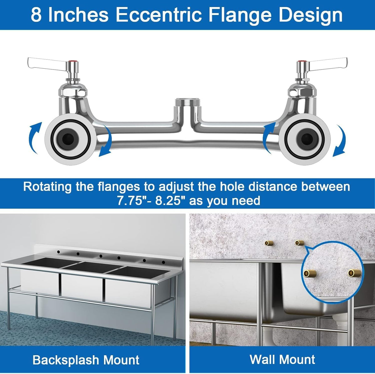 Commercial Wall Mount Kitchen Sink Faucet with Sprayer - 21"" Height 8 inch Center, Add-on 8"" Swing Spout Pre-Rinse Sprayer for 1 or 2 Compartment Sink, KH-KF-002