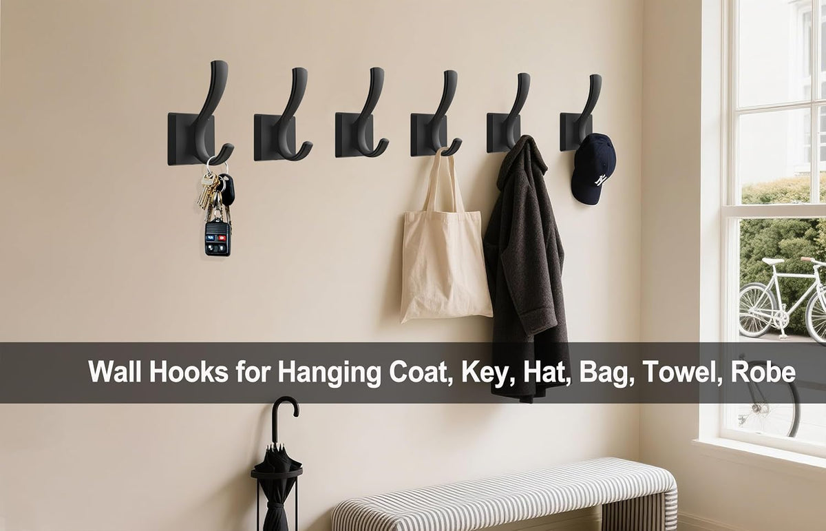 TOFIIGREM 3 Pack Black Towel Hooks, Towels Robe Holder for Bathroom Coat Hooks for Wall Hanging Key Hat Backpack (3 Pack, Black)