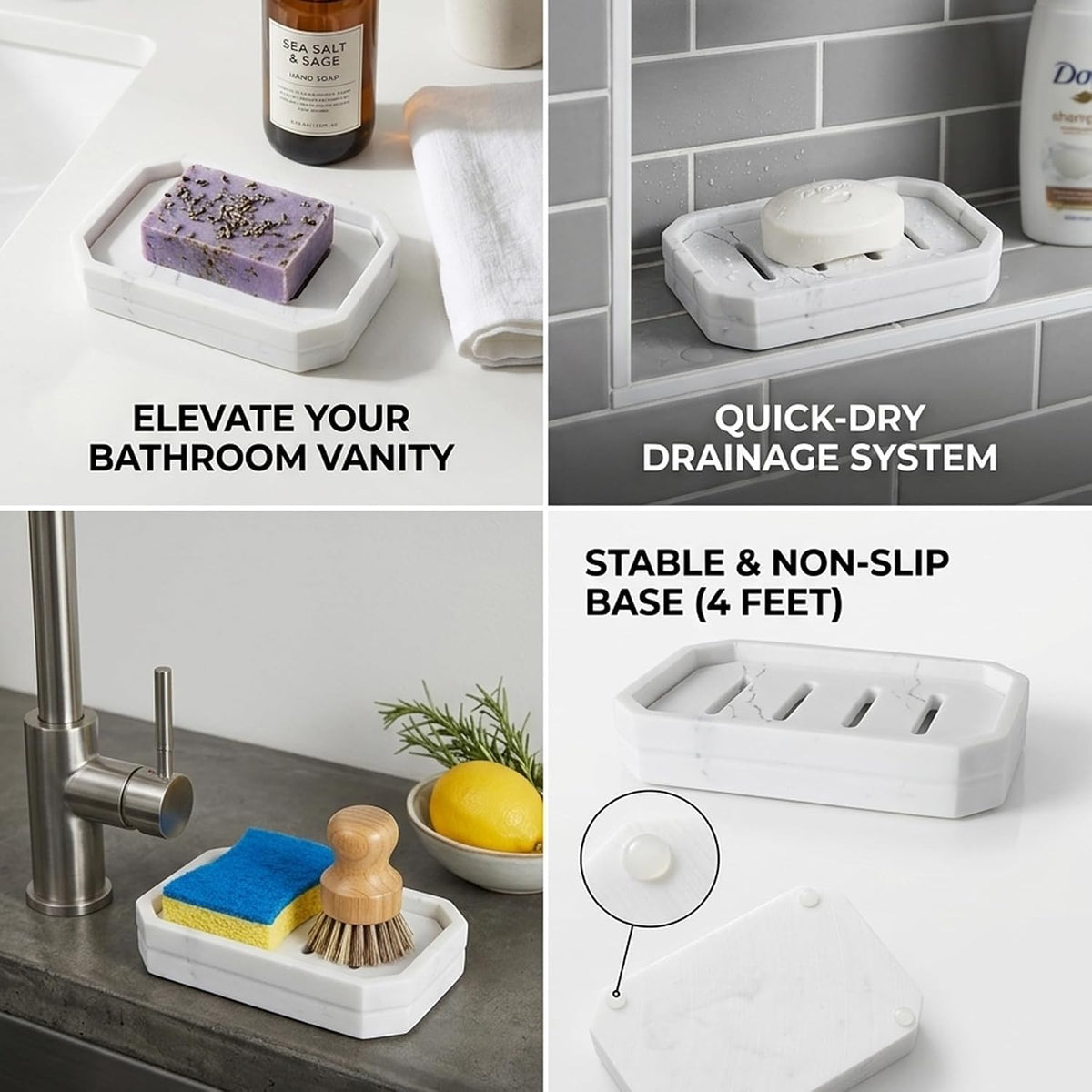 Drainable Soap Dish, Double Layer Resin Soap Holder with Marble-Look, Non-Slip Silicone Feet Soap Saver for Bathroom