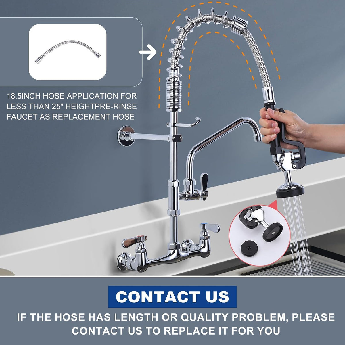 Commercial Kitchen Faucet Wall Mount with Pre-Rinse Sprayer 8 Inch Center Wall Mount Kitchen Sink Faucet with 9.6" Add-on Swing Spout 25" Height Faucet with Pull Down Spray
