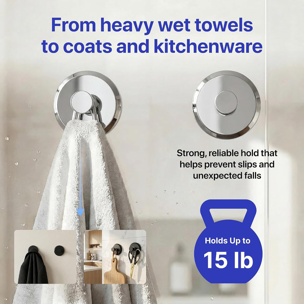 HOME SO Suction Cup Hooks for Shower & Bathroom Towel Holder 2-Pack Chrome