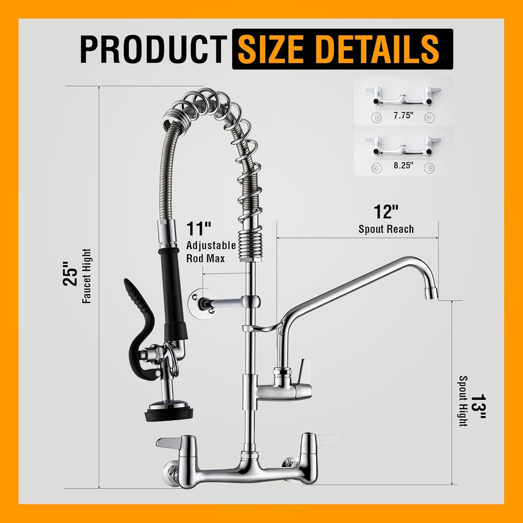 GIMILI Commercial Sink Faucet with Sprayer 8 Inch Center Wall Mount 25 Inch
