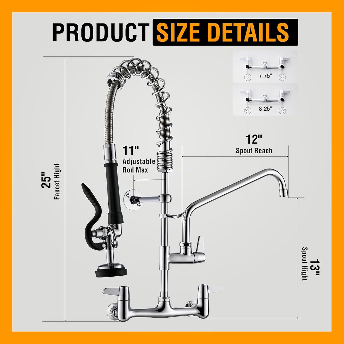 GIMILI Commercial Sink Faucet with Sprayer 8 Inch Center Wall Mount 25 Inch