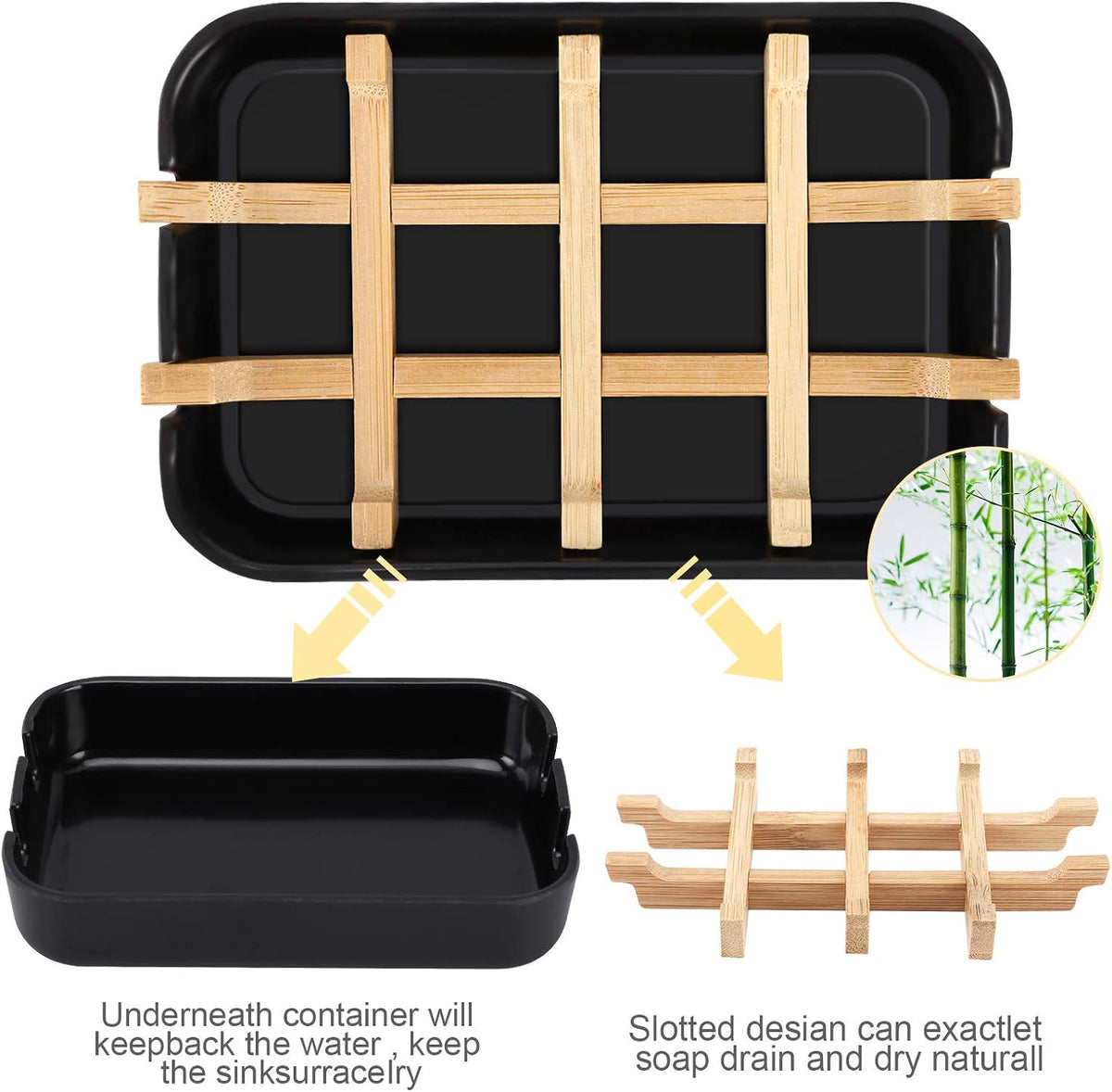 Bamboo Wooden Soap Dishes for Shower with Drainage for Bathroom Bar Soap Holder Soap Holder Sink Deck Bathtub Shower Tray (One Pieces Black)
