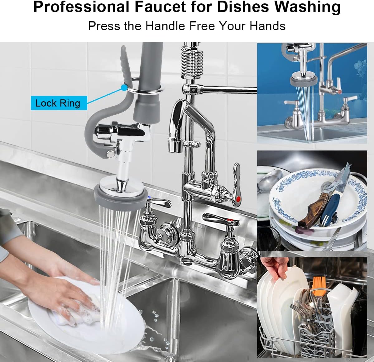 Commercial Sink Sprayer with 45" Flexible Stainless Steel Hose, Pre-Rinse Dish Spray Valve Replacement Kit Assembly Sprayer Nozzle Head for Industrial Restaurant Kitchen Faucets, Gray