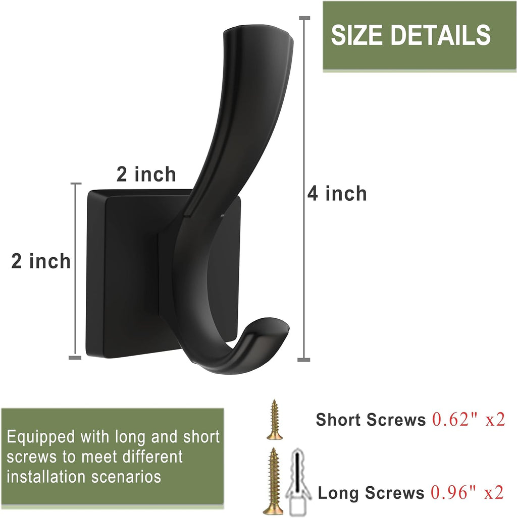 TOFIIGREM Black Towel Hooks, Coat Robe Hooks Bathroom Entryway Mudroom Pool Hooks for Wall Mount Hanging Towels Bathrobe Key Hat Backpack (2 Pack, Black)