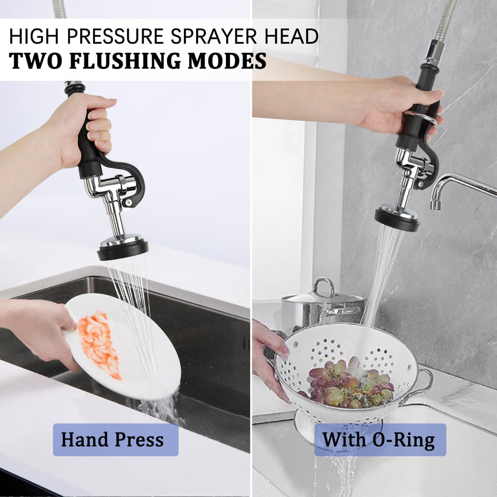 COOLWEST Pre Rinse Spray Valve with 44” Commercial Sink Sprayer Hose and Overhead Spring, Black Pre Rinse Sprayer with Stainless Steel Hose & Spring Replacement Kit for Commercial Kitchen Faucets
