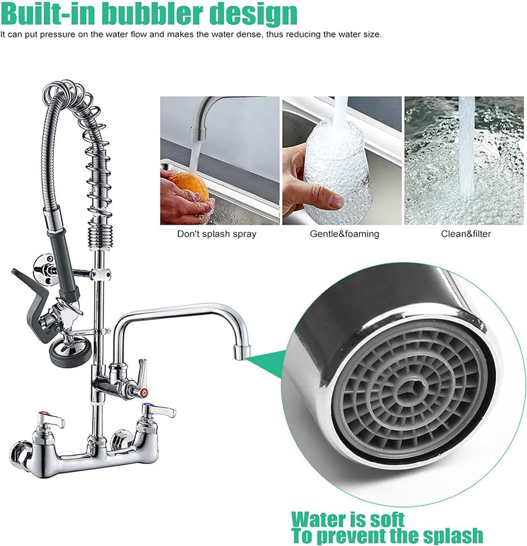Commercial Wall Mount Kitchen Sink Faucet Brass Constructed Polished Chrome Pre-Rinse Device 25" Height 8" Center with Spring Pull Down Sprayer and 12" Add-on Spout (25 inches)