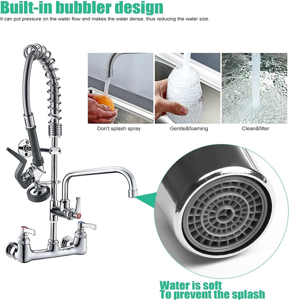 Commercial Wall Mount Kitchen Sink Faucet Brass Constructed Polished Chrome Pre-Rinse Device 25" Height 8" Center with Spring Pull Down Sprayer and 12" Add-on Spout (25 inches)
