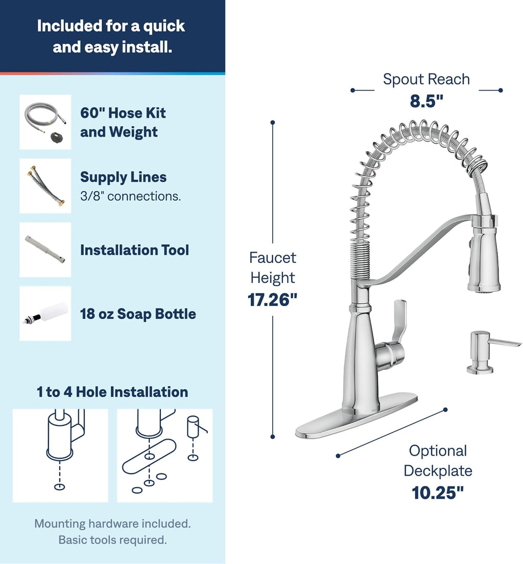 Moen Nolia Chrome One-Handle Pre-Rinse Spring Kitchen Faucet with Pull Down Sprayer, Single Hole Kitchen Sink Faucet with Soap Dispenser, 87886