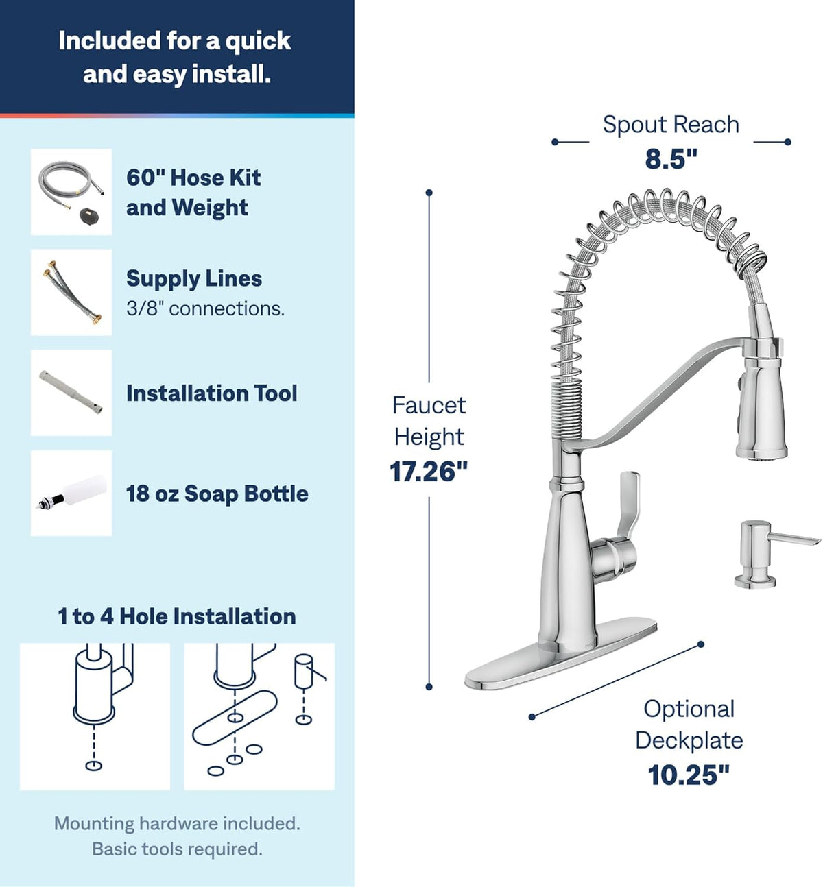 Moen Nolia Chrome One-Handle Pre-Rinse Spring Kitchen Faucet with Pull Down Sprayer, Single Hole Kitchen Sink Faucet with Soap Dispenser, 87886