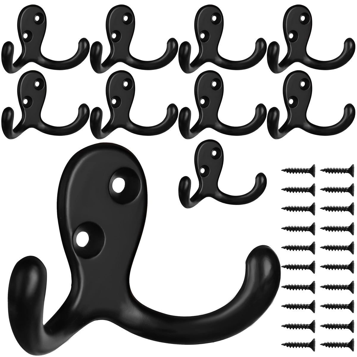 IBosins 10 Pack Silvery Double Prong Coat Hooks Wall Mounted with 20 Screws