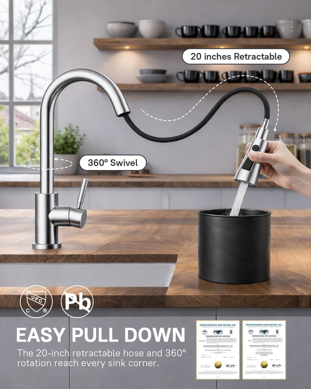 WEWE Pull-Down Kitchen Faucet with 3 Mode Sprayer, Polished Chrome