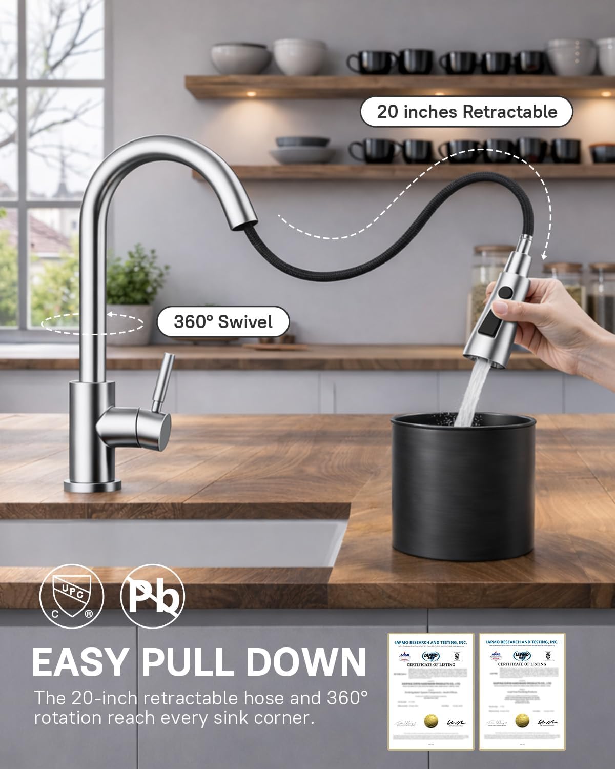 WEWE Pull-Down Kitchen Faucet with 3 Mode Sprayer, Polished Chrome
