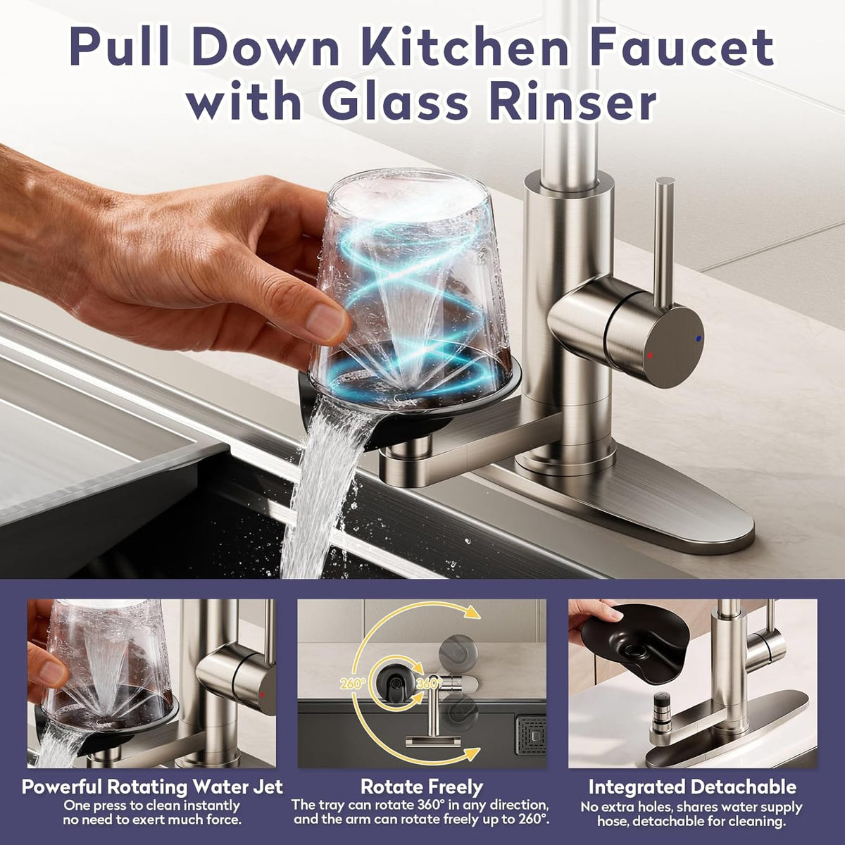 HOWUWEY Brushed Nickel Kitchen Faucet with Pull Down Sprayer & Cup Washer