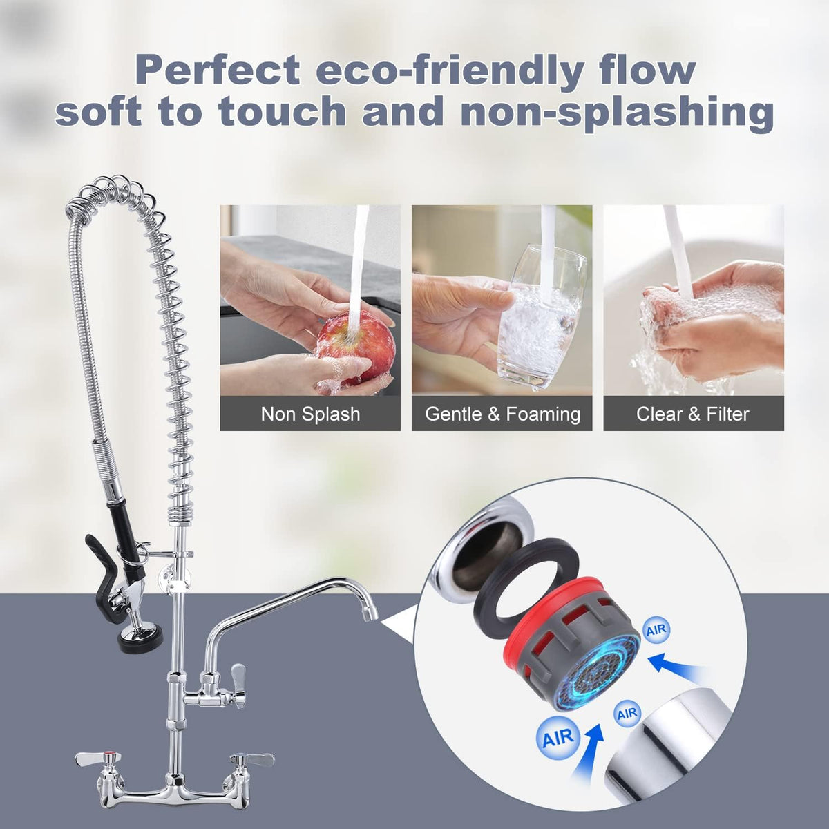 Commercial Kitchen Faucet Wall Mount with Pre-Rinse Sprayer 36" Height Wall Mount Kitchen Sink Faucet 8 Inch Center with 10" Add-on Swing Spout Faucet & Coiled Spring Pull Down Spray