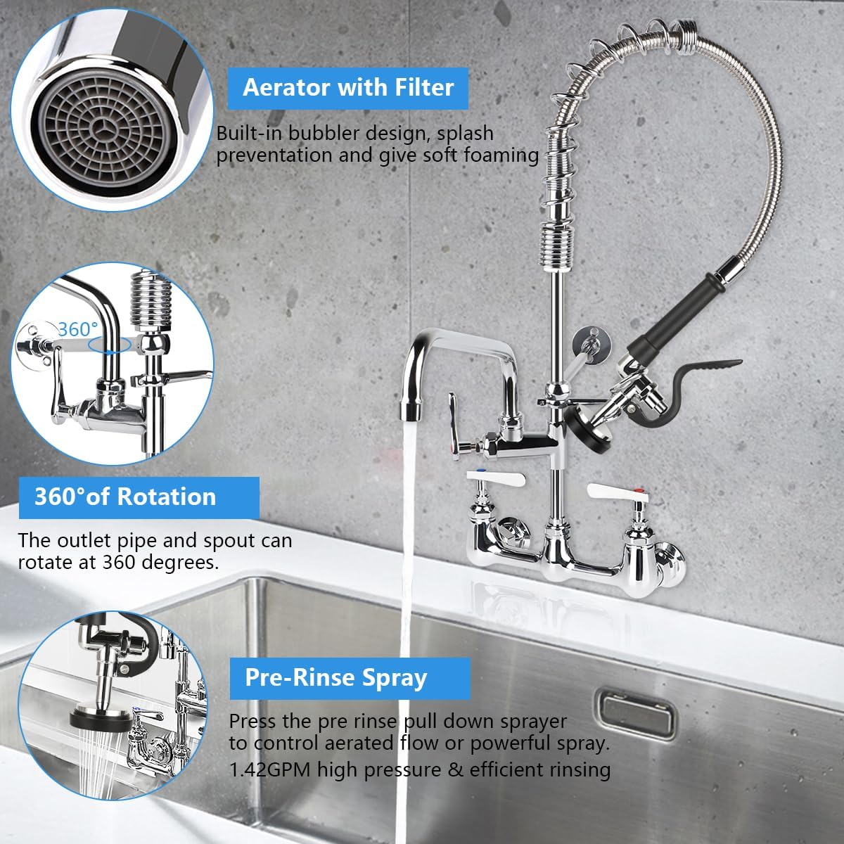 COOLWEST Commercial Pre-Rinse Faucet 8" Center Wall Mount Kitchen Faucet with 12” Add-on Swivel Spout 25” Height Commercial Sink Faucet and Pre Rinse Sprayer Brass Constructed