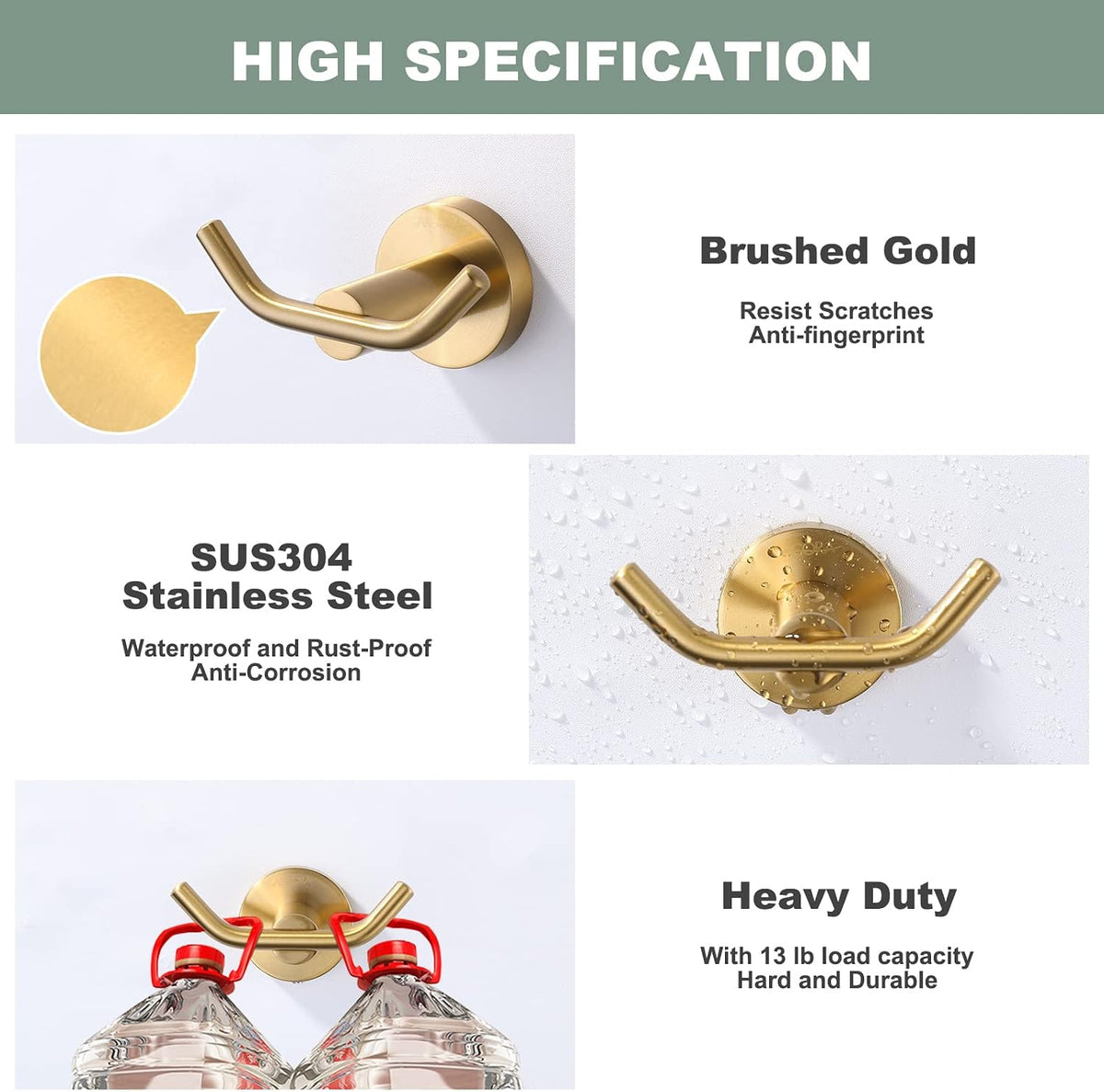 ARCORA Brushed Gold Towel Hooks, SUS 304 Stainless Steel Bathroom Robe Hook