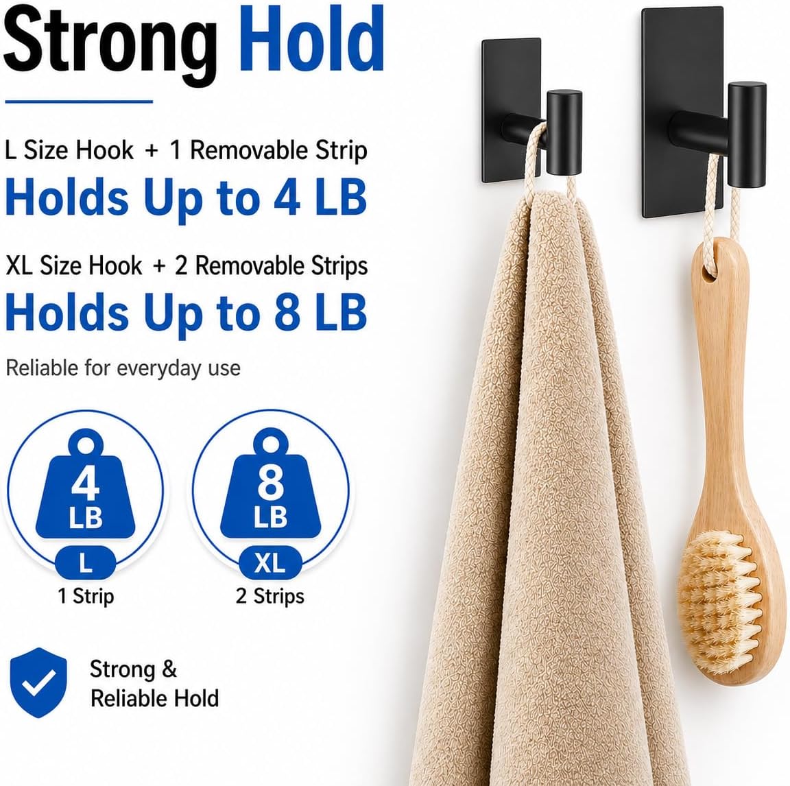 5 Pcs Towel Hooks Heavy Duty for Hanging，Adhesive Wall Hooks with Removable Strips，Sticky No Damage，Outdoor for Bathrooms，Shower，Stockings，Decor，Robe，X-Large，Black 304 Stainless Steel