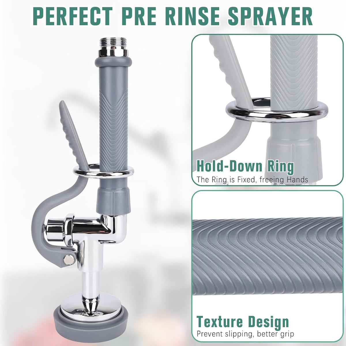 Pre Rinse Spray Valve with 45" Flexible Pre Rinse Hose,Non-Slip Commercial Sink Sprayer with Flexible Stainless Steel Hose, Replacement for Commercial Kitchen Sink Faucet,Grey