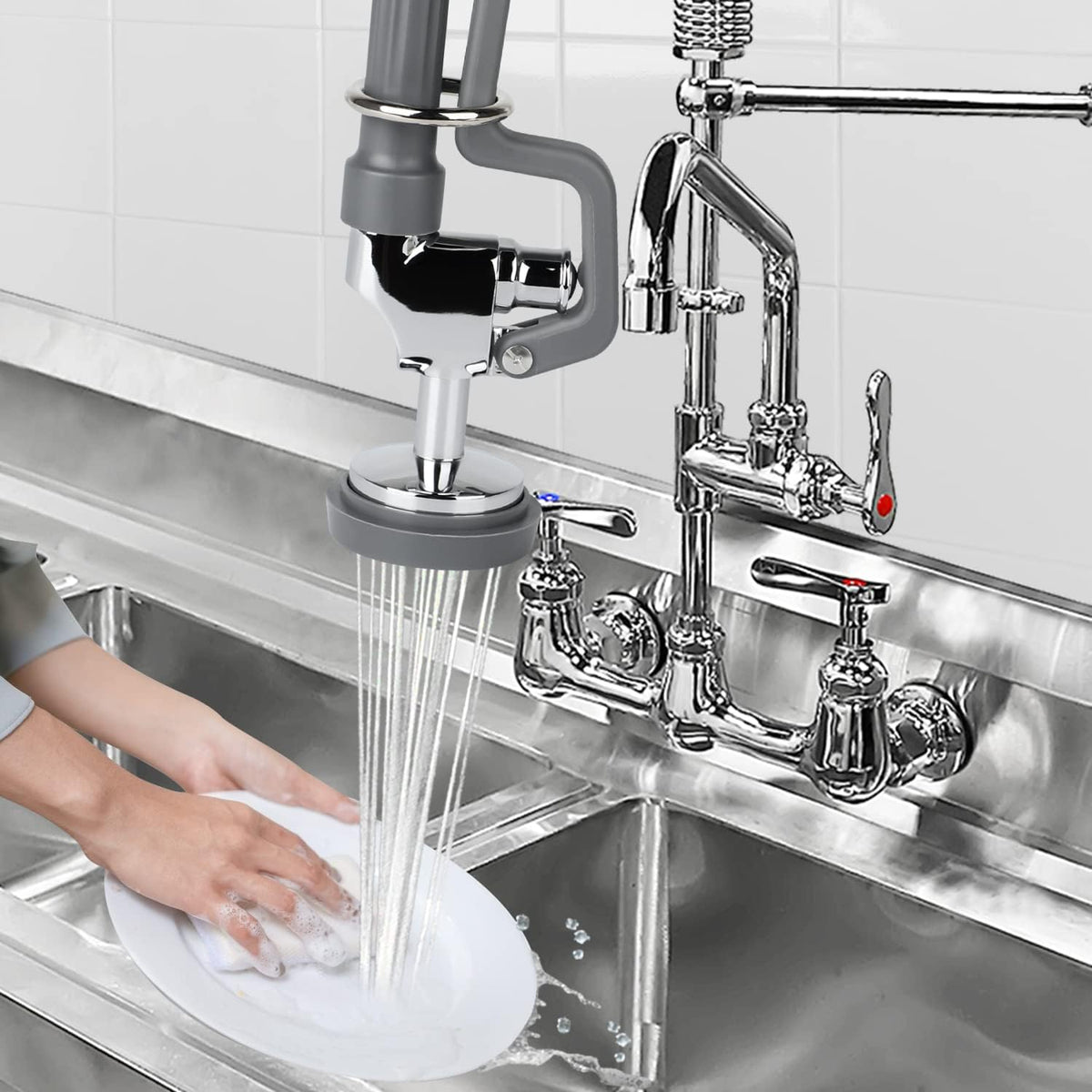 Pre-Rinse Spray Valve Replacement Head for Commercial Kitchen Faucet 1.42GPM Commercial Sink Sprayer High Pressure Dishwasher Sprayer Nozzle with Hand Grip Assembly (Grey)
