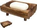 Natural Teak Wood Soap Holder, Automatic Draining Soap Tray with Drain Holes, Handmade Rustic Soap Dish & Countertop Soap Saver Stand for Bathroom and Kitchen