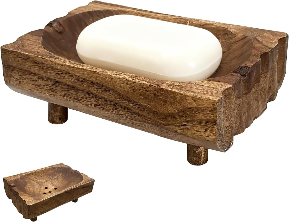 Natural Teak Wood Soap Holder, Automatic Draining Soap Tray with Drain Holes, Handmade Rustic Soap Dish & Countertop Soap Saver Stand for Bathroom and Kitchen